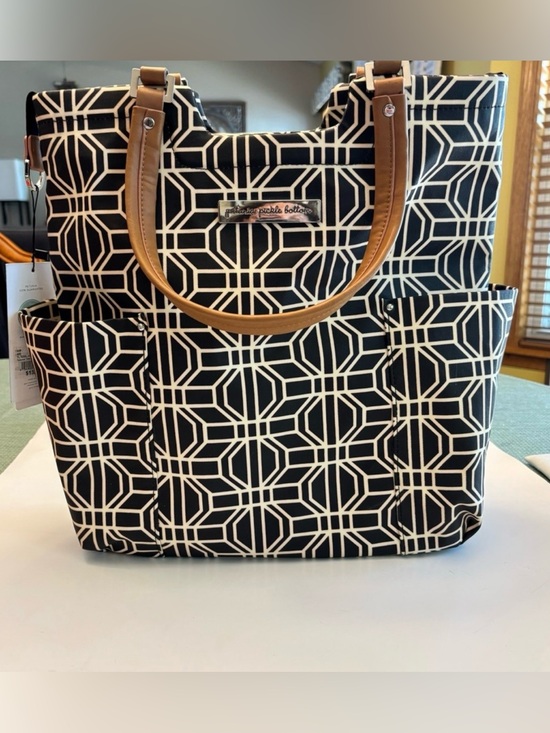 Petunia Pickle Bottom Handbags - Petunia Pickle Bottom Black and White Geometric Tote with Brown Handles